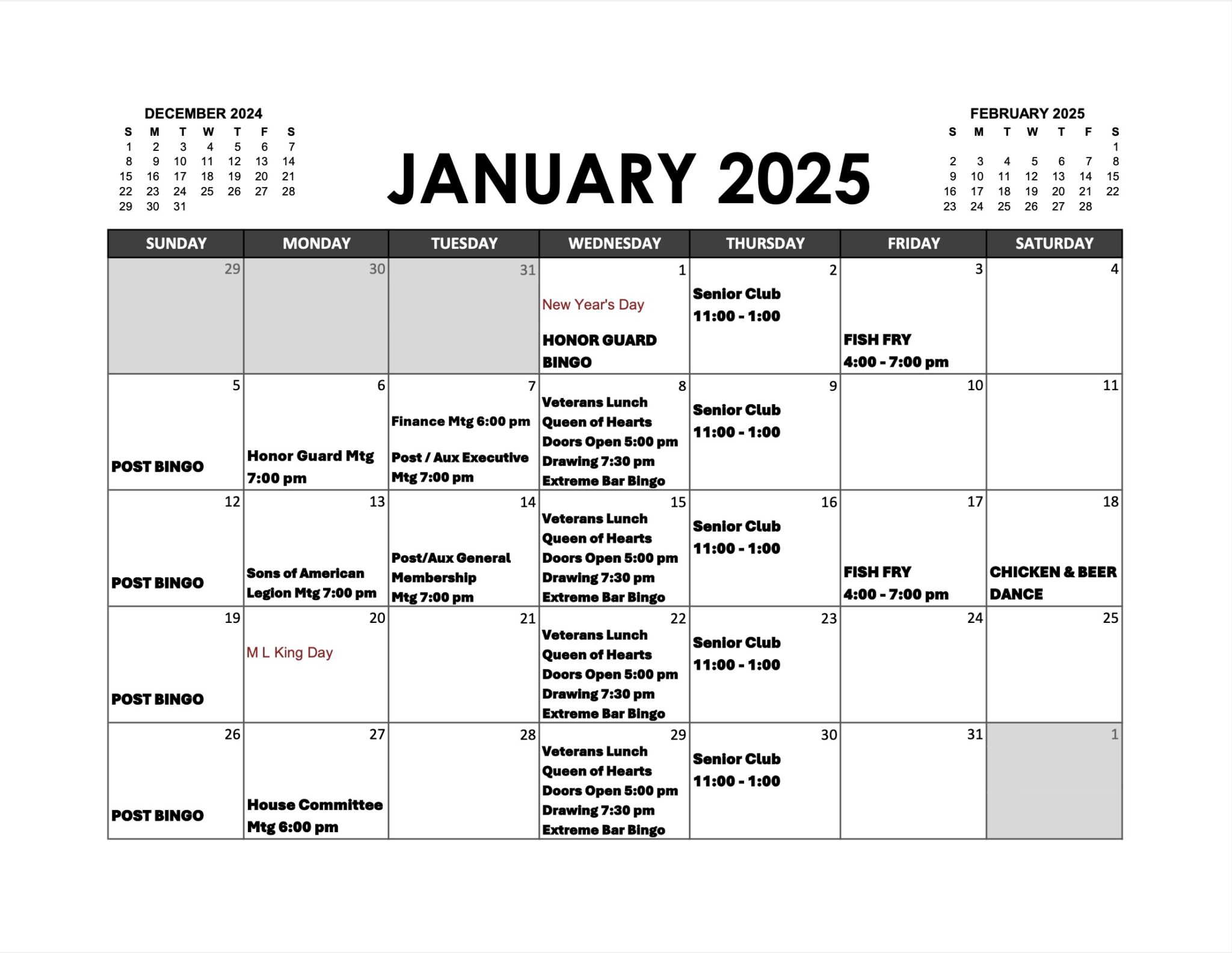 EVENTS CALENDAR &ndash; American Legion Post 581